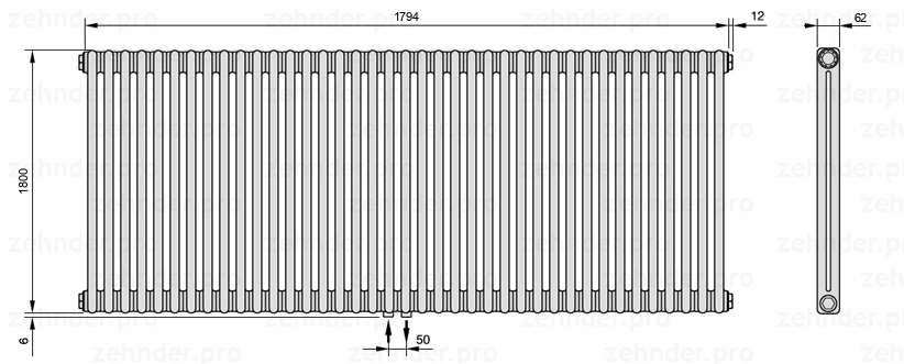 Схема (чертеж) Радиатор Zehnder Charleston 2180/39 №3470 Белый глянцевый RAL 9016